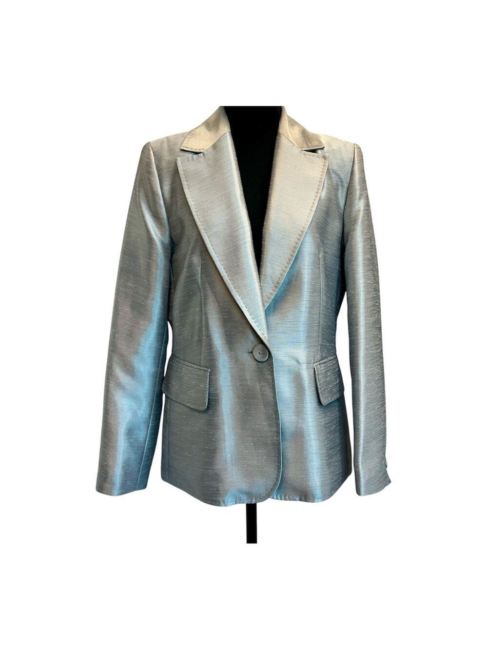 Melanie Lyne metallic silver gray single breasted tailored cinched blazer jacket